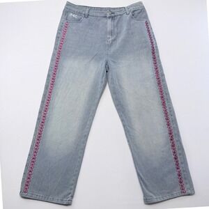 D4C Light Wash Wide Leg Jeans Pink Heart Side Embroidery Graphic Back Pockets L